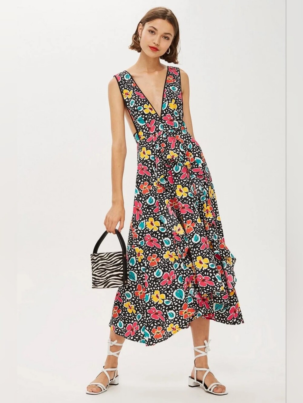 NWOT Topshop Black Multicolor Floral Dot Print Pinafore Maxi Dress Size US 6